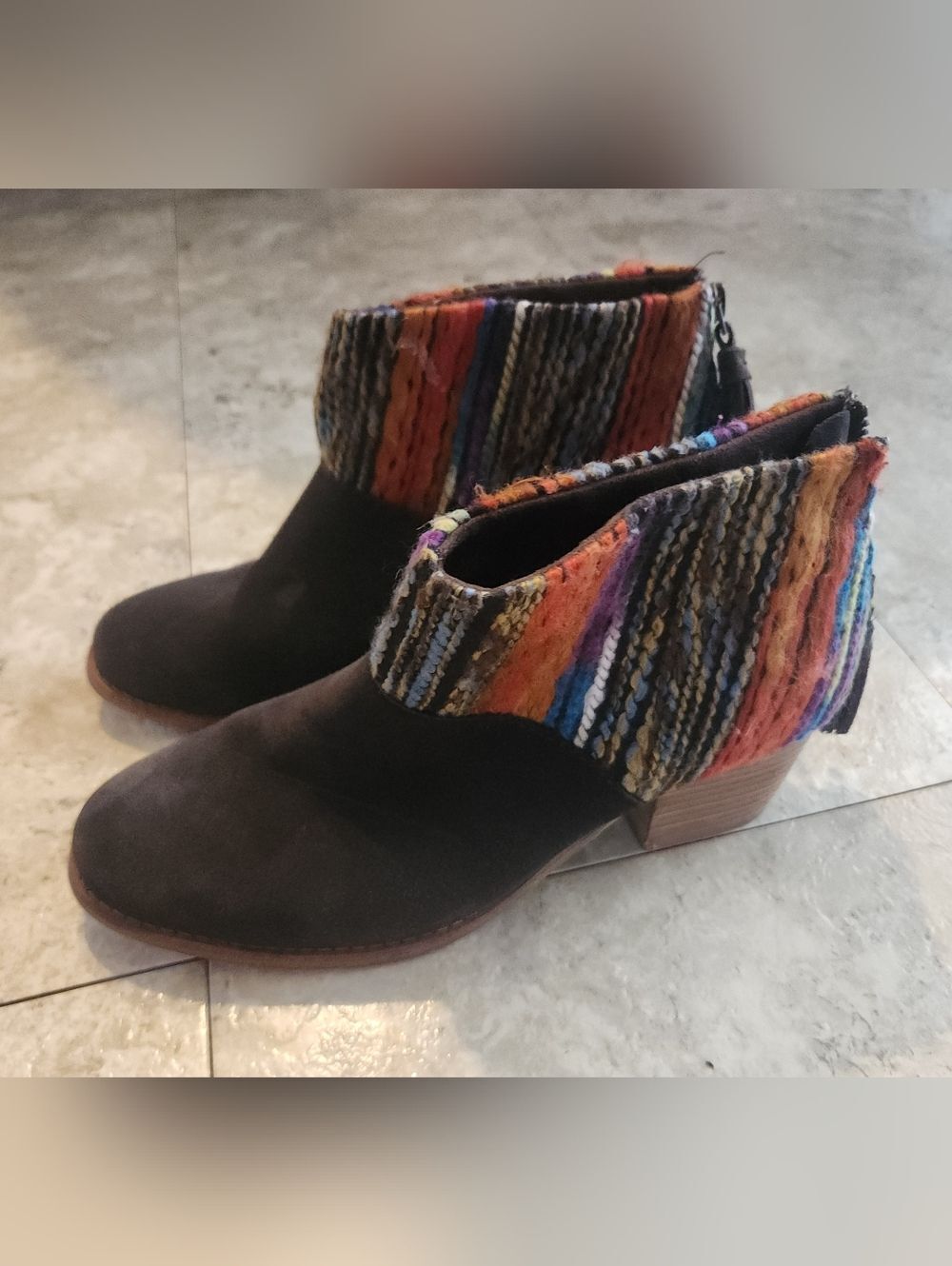 Toms Women's Suede Ankle Boots with Multicolor Knit Cuff NWT